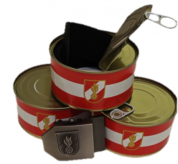 Textilgürtel schwarz mit silberner Schnalle und Korpsabzeichen in Geschenkdose